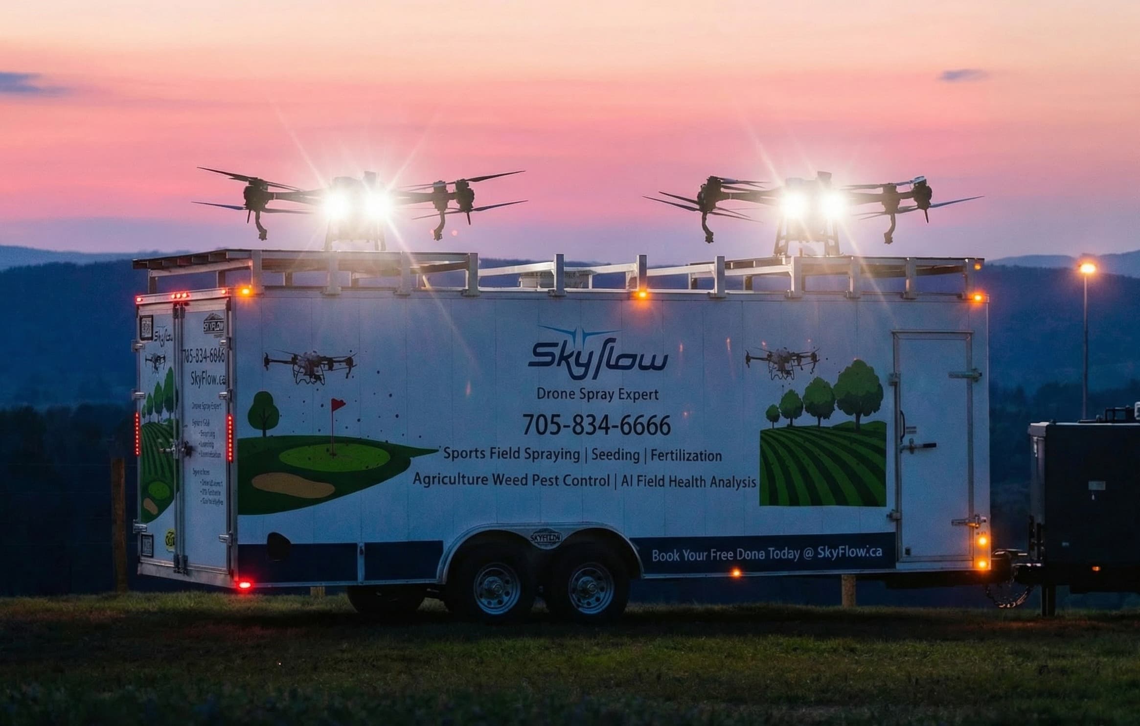 Drone platform at dusk with drones taking off