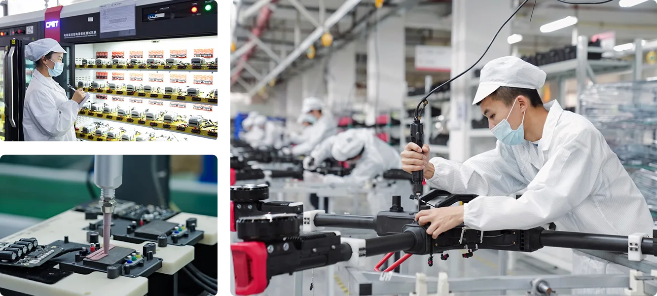 Technicians in cleanroom suits assembling and testing XAG drone arms and control boards on the production line