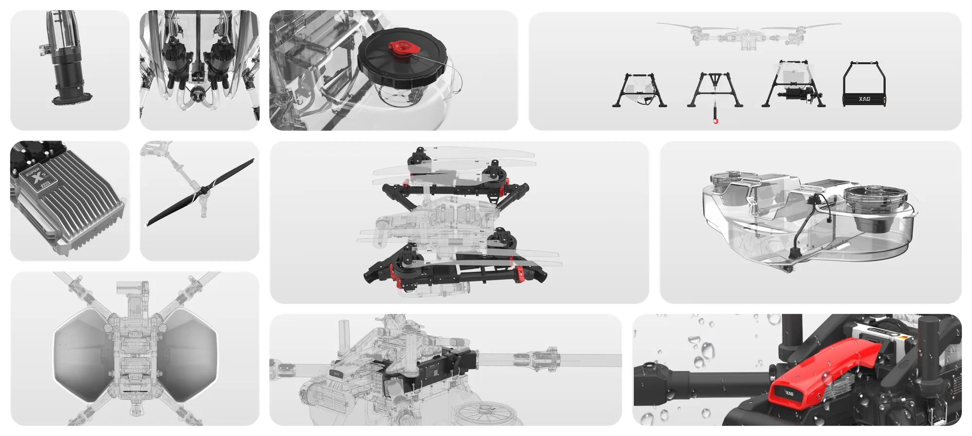 Exploded engineering views of XAG drone components: propulsion, atomizers, tanks, and airframe structures