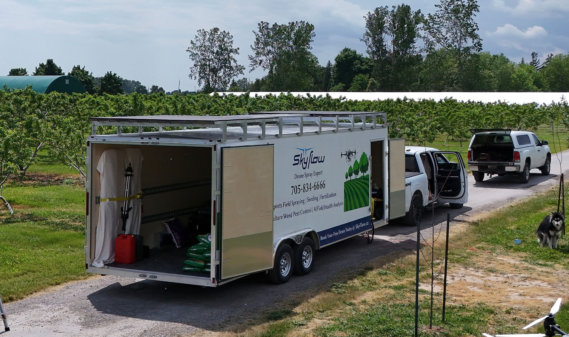 SkyFlow agriculture equipment trailer with an application drone inside